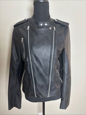 H&M Black Faux Leather Moto Jacket with Silver Hardware